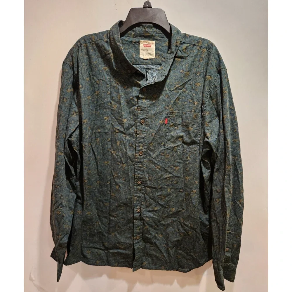Levis Green Floral Shirt Long Sleeve Button Down Chest Pocket Casual Men's XXL